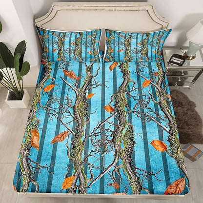 Tree Branches Kids Fitted Sheet Full Size,Wild Hunting Botanical Leaves Rustic Cabin Bedding Set,Boys Girls Room Decor,Geometric Stripes Patch Bed Cover,Blue Bed Sheet,2 Pillowcases(No Top Sheet)
