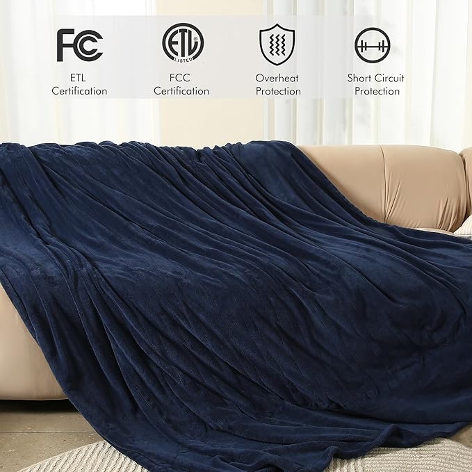 Heated Blanket Electric Blanket Twin Size, Fast Heating & Overheating Protection, Ultra Soft Heated Throw Blanket Twin Size with 5 Heating Levels & 10 Hours Auto Off, 62"x84", Navy Blue