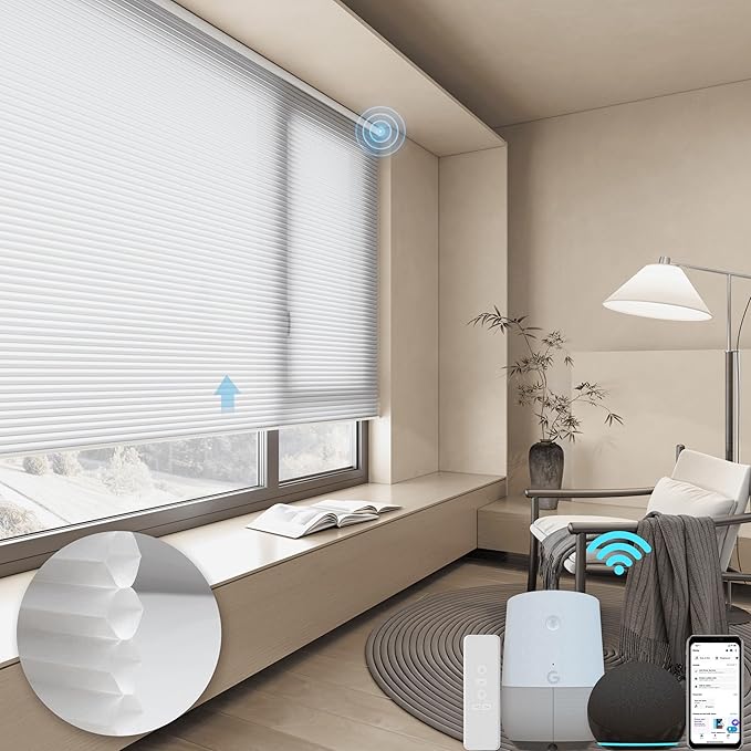 Motorized Cellular Shades with Remote, Light Filtering Smart Cellular Shades Compatible with Alexa, Honeycomb Window Blinds for Bedroom Home Office, Custom Size, Half Shading White