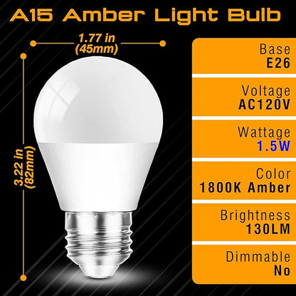 Amber Light Bulbs 1800k, 1.5w Warm Night Light Bulb 15Watt Equivalent, A15 Low Lumen Light Bulb 130lm, E26 Low Brightness Light Bulbs Amber for Healthy Sleep, Bedroom, Kid's Room, Non-Dimmable, 4 Pack