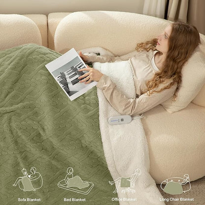 Queen Size Heated Blanket 84"X90" Green - Soft Thick Warm Sherpa Electric Blanket for Winter with Dual Control, 5 Fast Heating Levels & 10hrs Auto Off, Washable & ETL Certified for Bed