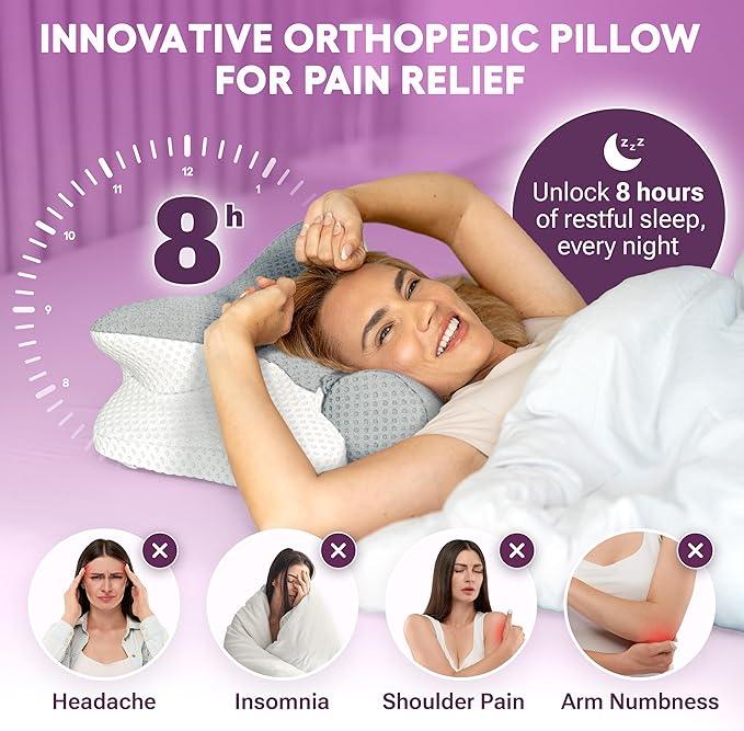 Cervical Neck Pillow for Sleeping, Dreamers Relief Pillow, Side Sleeper Pillow for Adults, Adjustable Height Memory Foam Pillow and Detachable Roll, Back & Stomach Sleeping Neck Pain Relief (Gray)