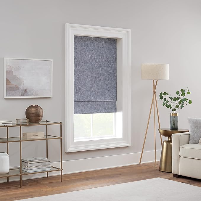 Eclipse Drew Noise Reducing Blackout Cordless Lined Window Roman Shade for Living Room, 31 in x 64 in, Blue