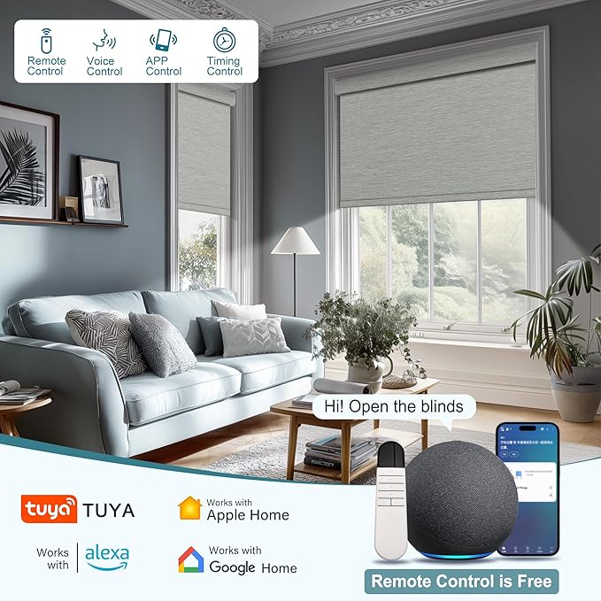 BERISSA Motorized Blinds with Remote,Blackout Smart Roller Shades with App,Voice Control,Jacquard Fabric,Thermal Insulated Automatic Blinds,Electric Shades with USB/Solar Pannel.Jacquard Grey