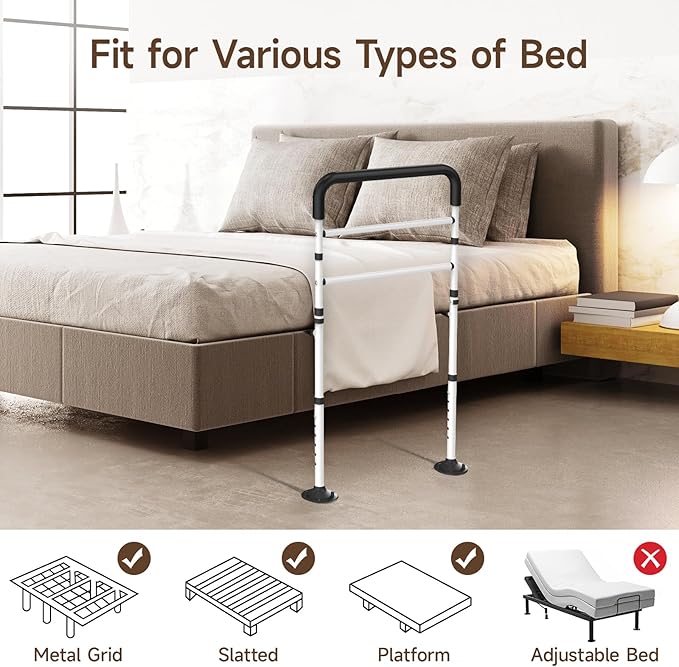 WAYES Bed Rails for Elderly Adults Safety, Adjustable Bed Assist Rail Handle with Leg for Seniors, Handicap, Disabled, Fall Prevention Hand Guard Grab Bar Bed Cane, Fit King, Queen, Full, Twin