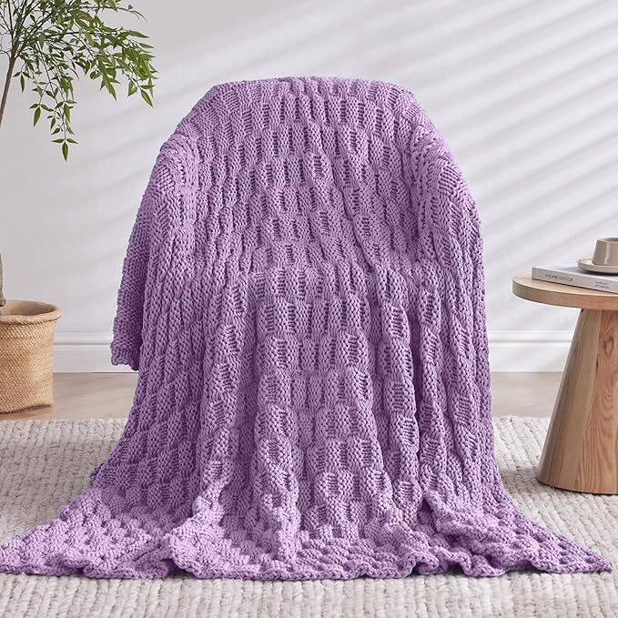 Knitted Weighted Blanket Adult, No Beads Heavy Blanket 60” x 80'' 12lbs, Breathable Chunky Knit Blanket, Cooling Weighted Blanket for Hot Sleepers, Christmas Home Decor (Lilac)