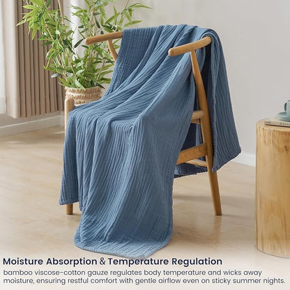 PHF Cooling Muslin Throw Blanket for Hot Sleepers, 60% Viscose from Bamboo, 40% Cotton and 4-Layer Breathable Gauze Blanket for Bed Couch, 50"x60", Prussian Blue