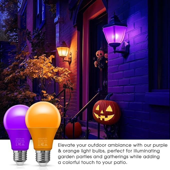 Orange Purple Light Bulbs [2 Pack], A19 LED Orange and Purple Bulb Outdoor, Halloween Light Bulbs, 9W (60 Watt Equivalent) - E26 Colored Light Bulb for Porch Light Christmas Party Home Holiday Decor