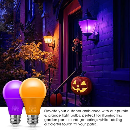 Orange Purple Light Bulbs [2 Pack], A19 LED Orange and Purple Bulb Outdoor, Halloween Light Bulbs, 9W (60 Watt Equivalent) - E26 Colored Light Bulb for Porch Light Christmas Party Home Holiday Decor