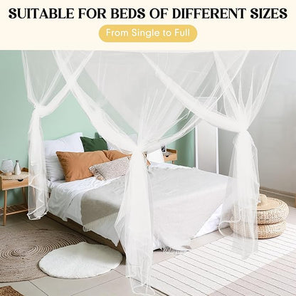 4 Corners White Bed Canopy Curtains for Single Twin Full Size, Mosquito Net Rectangular Bed Drapes for Bedroom Home Indoor Patio Outdoor Decoration(L79 X W47 X H59 Inch)