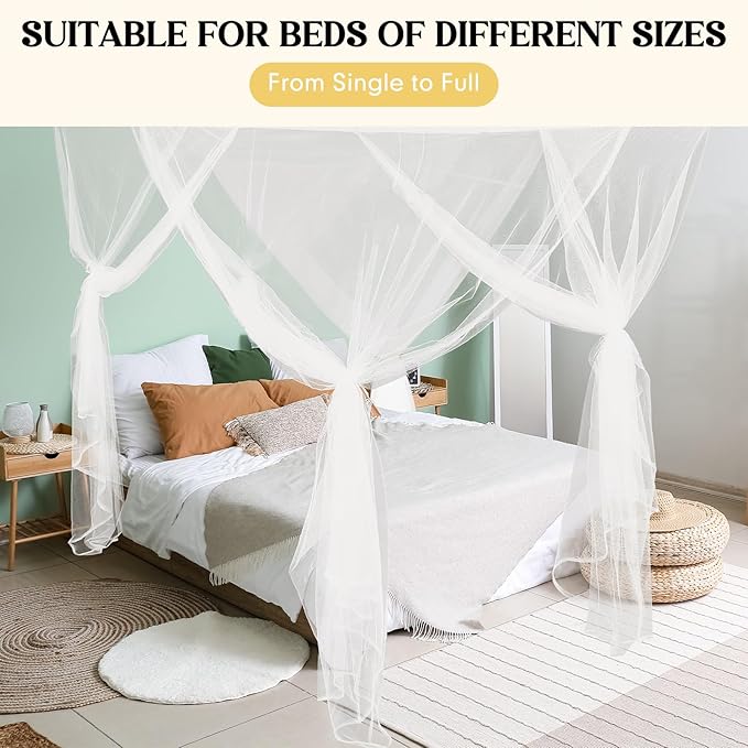 4 Corners Mosquito Net Bed Canopy for Single Twin Full Size, Rectangular Bed Curtains Drapes with 4 Hanging Hooks for Home Indoor Patio Outdoor(White,L75 X W35.5 X H59 Inch)