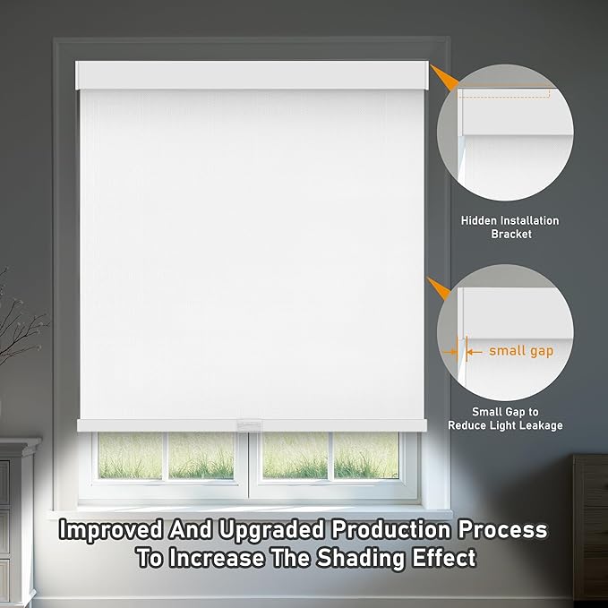 AOSKY Linen Roller Blinds Shades for Indoor Windows Pull Down Cordless Blackout Black Out Window Shade 37 Inch Blinds for Home White