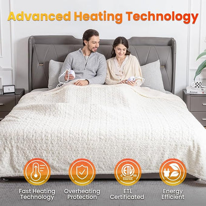 WOOMER Heated Blanket King Size 100" x 90", Electric Blanket with Dual Controls, 0.5-12 Hours Timer & 10 Heating Levels, ETL Certified, White Rose Patterns Faux Fur & Sherpa, Machine Washable