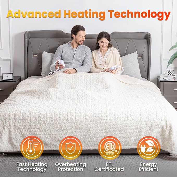 WOOMER Heated Blanket Queen Size 84" x 90", Electric Blanket with Dual Controls, 0.5-12 Hours Timer & 10 Heating Levels, ETL Certified, White Rose Patterns Faux Fur & Sherpa, Machine Washable