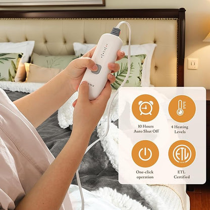 Electric Heated Blanket 72"x84" Full Size Flannel & Sherpa - 4 Heat Settings & 10H Auto Shut Off for Safe Overnight Use, Fast Heating, Machine Washable for Bed, Couch, Office - Light Gray