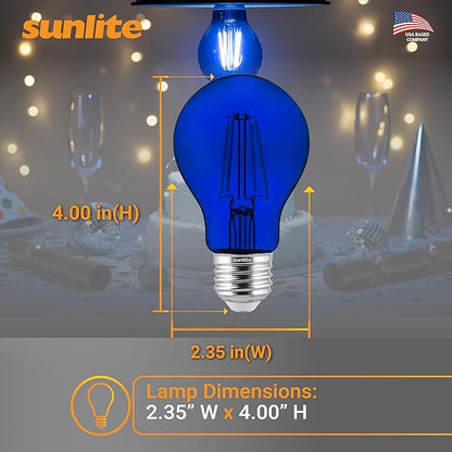 Sunlite 81080 LED Colored Filament A19 Light Bulb, 4.5 Watts, Medium E26 Base, 120 Volts, Transparent Blue, Dimmable, 320 Degree Beam Angle, UL Listed, 2 Count