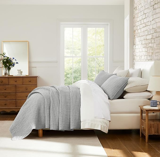 WDCOZY Grey Pick Stitch King Size Quilt Set, Striped Channel Lightweight Soft All Season Bedspread, Bamboo Linen Like Textured Coverlet, Farmhouse Country Rustic Bedding, Thin Comforter