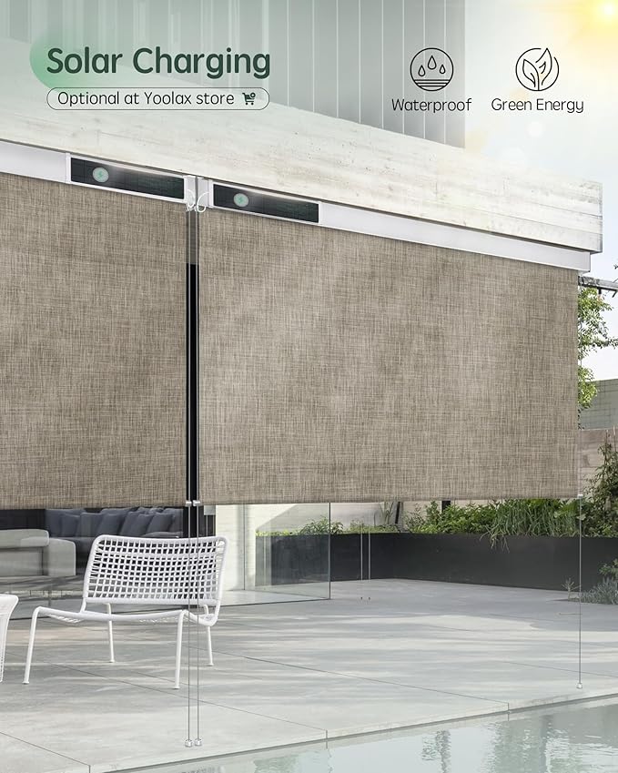 Yoolax Motorized Outdoor Shades Smart Retractable Patio Screens with App & Remote Control, Electric Blinds for Porch Patio Waterproof Roller Shades 6X8ft (5% Openness Minty Oat Latte)