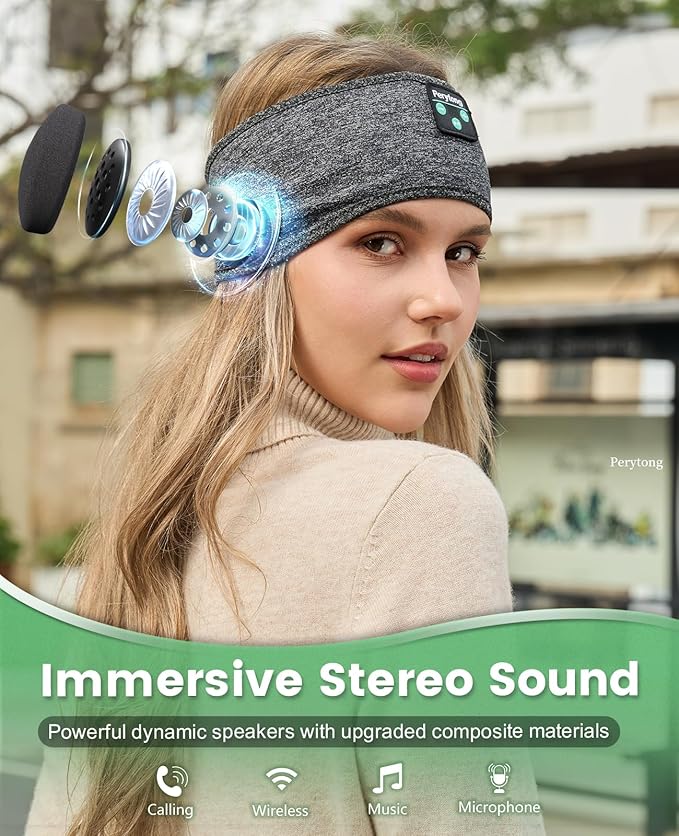 Perytong Sleep Headphones Bluetooth 5.4, Wireless Sleep Headphones with Ultra-Thin HD Stereo Speakers for Side Sleepers, Soft & Breathable Sport for Running Yoga Travel Nap