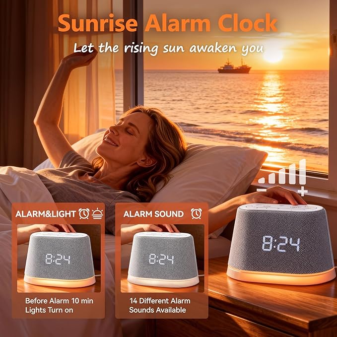 Wake Up Light Sunrise Alarm Clock with White Noise & Night Light, Dimmable Sunrise Lights 10 Soothing Sounds Sleep Aid for Heavy Sleepers, Adults, Women, Ideal Gifts