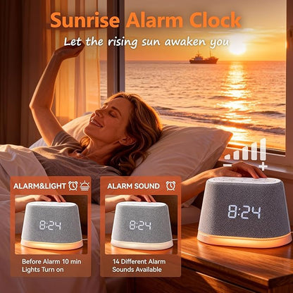 Wake Up Light Sunrise Alarm Clock with White Noise & Night Light, Dimmable Sunrise Lights 10 Soothing Sounds Sleep Aid for Heavy Sleepers, Adults, Women, Ideal Gifts