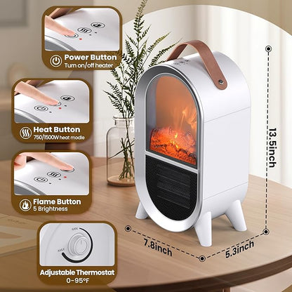 Portable Electric Fireplace Heater, 1500W/750W Mini Space Heater for Indoor Use with 3D Flame, Thermostat, Carry Handle, Overheat & Tipover Protection, for Home Office Bedroom Desk, White