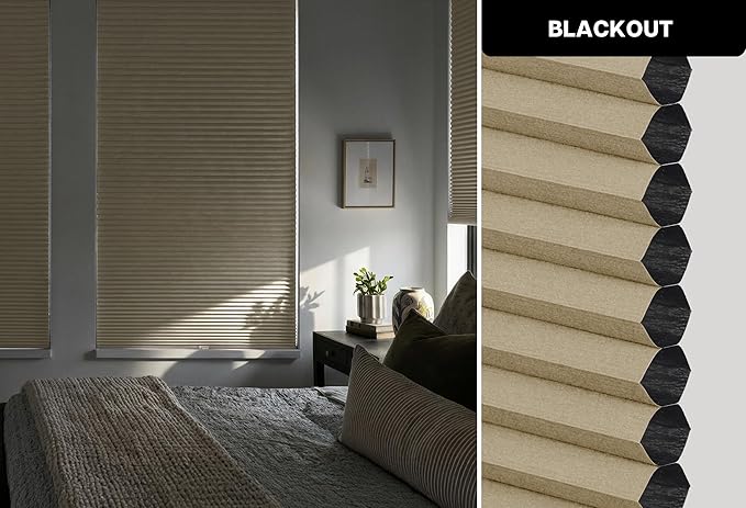 LazBlinds Cordless Cellular Shades, No Tools No Drill Blackout Honeycomb Shades Pleated Blinds for Windows, 22'' W x 48'' H, Taupe
