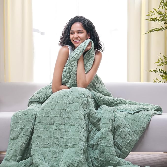 Drewin Adult Weighted Blankets 20lbs, Cozy Fluffy Jacquard Checkered Sherpa Weighted Blankets Queen Size 60 x 80 inches, Soft Winter Heavy Blanket for Couch Bed, Ceramic Beads, Sage Green