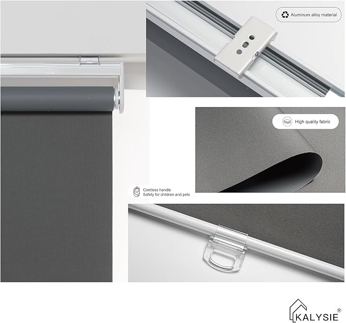 Cordless Roller Shades 100% Blackout Blinds for Windows and Doors, Pull Down Room Darkening Window Shades, Easy to Install for Home and Office, Grey, Fixed 75 Inches High, 54 Inches Width