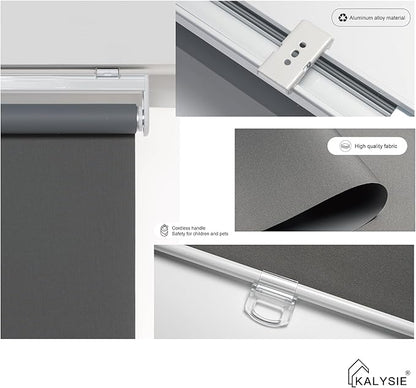 Cordless Roller Shades 100% Blackout Blinds for Windows and Doors, Pull Down Room Darkening Window Shades, Easy to Install for Home and Office, Grey, Fixed 75 Inches High, 67 Inches Width
