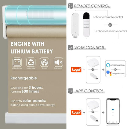 Allesin Motorized Roller Shade Blinds Work with Alexa for Window, 70% Blackout Smart Shades Cordless with Remote Control, Electric Automated Blinds, Customized Size, Lithium Battery Motor(Grey Beige)