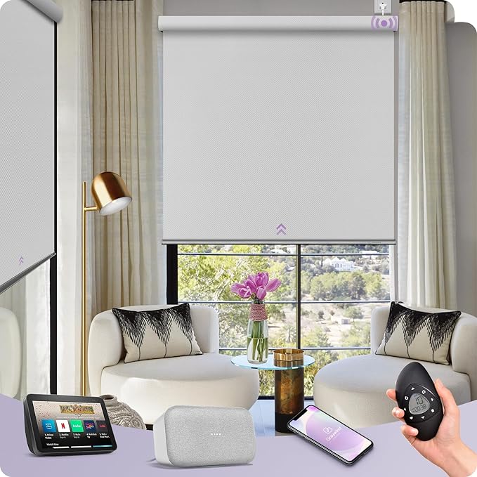 Graywind Motorized Shades 100% Blackout Compatible with Alexa Google WiFi Hardwired Smart Roller Shade Remote Control Automated Window Blinds with Valance, Customized Size (Bright White)