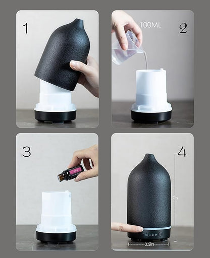 Essential Oil Diffuser,Handcrafted Ceramic Diffuser for Home,Ultrasonic Cool Mist Air Diffuser, 9 Colors Night Light with Timer (Black)