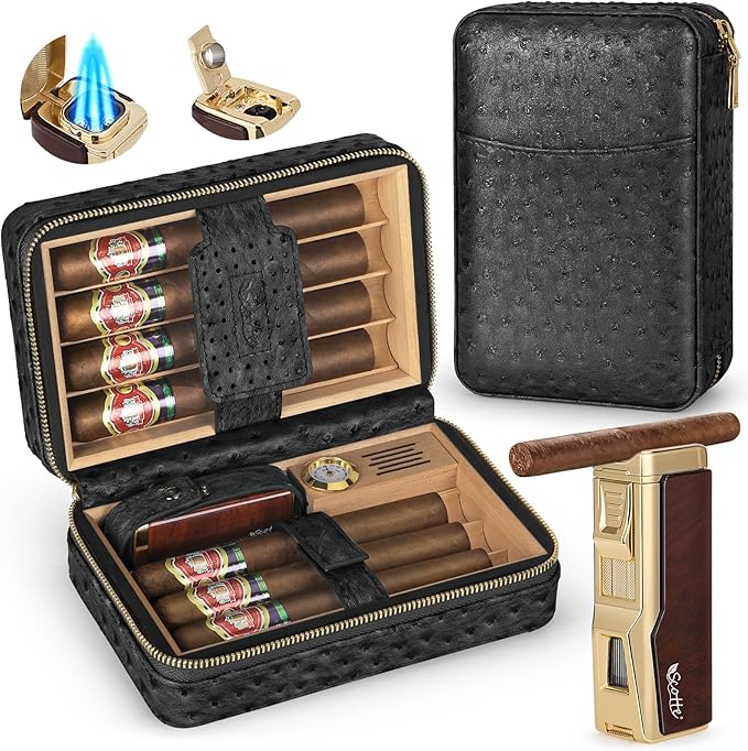 Scotte Cigar Humidor Box, Cigar Lighter Cedar Wood Lined Leather Cigar Case Built in Hygrometer & Humidifier, Torch Lighter with Cigar Holder Cigar Punch Portable Travel Cigar Humidor Kit (Black)