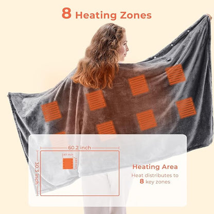JOLLYVOGUE USB Heated Blanket Throw, Wearable & Portable Heating Electric Blanket for Adults, 3 Levels & 8 Heating Zone Shawl for Indoor & Outdoor, Dark Grey (Battery Not Included)