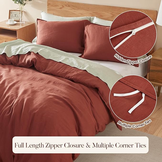 DAPU 100% Linen Duvet Cover Set - Pure Natural French Flax Linen with Corner Ties and Zipper Closure Soft Breathable Durable for Hot Sleepers 1 Duvet Cover 2 Pillowcases (Rust Red, Queen/Full)
