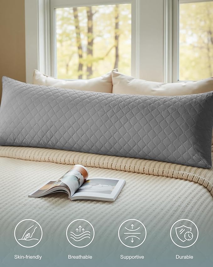 YZ HOME Long Body Pillow for Adults - Firm Body Pillow Insert with Shredded White Memory Foam, Adjustable Height, Soft Support for Side Sleeping, Pregnant Women, Washable (Grey, 20x54 Inch)