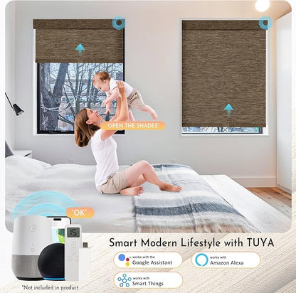 Persilux Smart Motorized Blinds with Remote, No Drill Automatic Roller Shades for Indoor Windows, Blackout Linen Fabric, Electric Blinds for Windows, Nature Brown C153BO-11, Custom Size