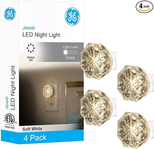 GE Jewel LED Night Light, Plug-in, Always on, Warm White, UL-Certified, Energy Efficient, Ideal Nightlight for Bedroom, Bathroom, Nursery, Hallway, Kitchen, 85094, 4 Pack