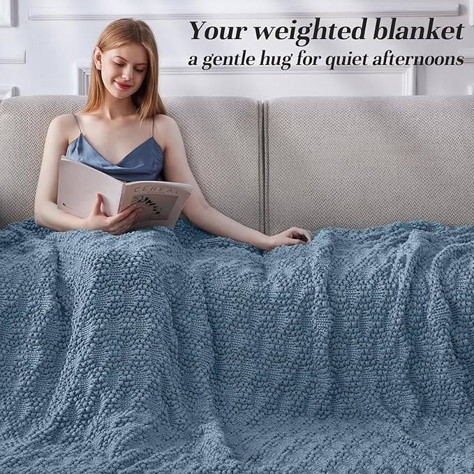 Knitted Weighted Blanket for Adult, Chunky Knit Weighted Throw for Sleep 50"*60" 5lbs, Cooling Breathable Heavy Blanket for Hot Sleepers, Machine Washable Blanket for Room Decor(HazeBlue)