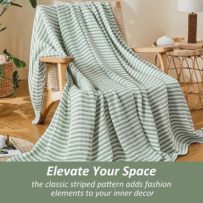 EMME Cotton Muslin Queen Blanket Bed Layering Bedspread Coverlet Breathable Gauze Soft Lightweight Adults (Striped Sage Green, 90"x90")