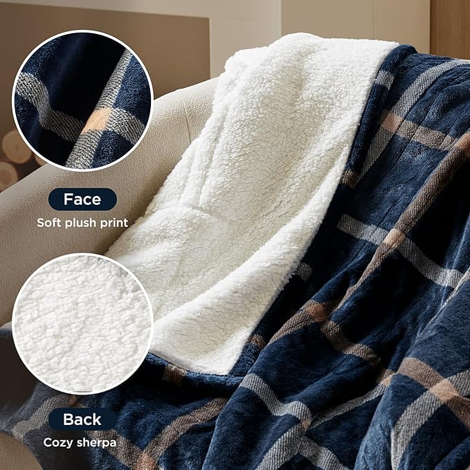 Woolrich Heated Throw Blanket with Ultra Soft Plush and Sherpa Reverse, 12 Heat Settings, Auto Shut-Off, Farmhouse & English Country Gift Throw – Navy Plaid Pattern, 50"x60"