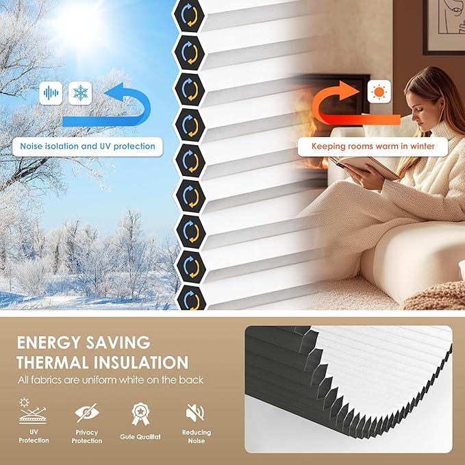 LazBlinds No Tools No Drill Cordless Cellular Shades, Blackout Light Blocking Honeycomb Shades for Home, Thermal Insulation Blinds for Windows, 46" W x 64" H, Black