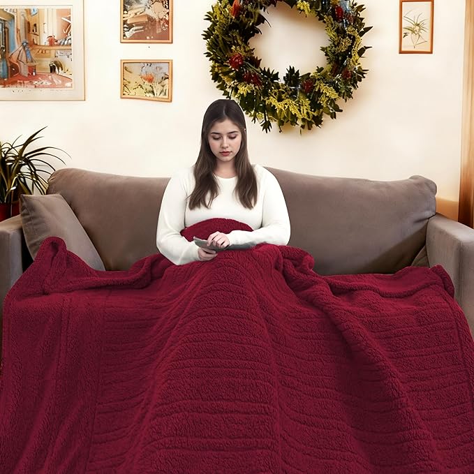 Electric Heated Blanket Full Size 72"×84" with 9 Heating Levels & 1-10Hs Auto Off，Double Sided Plush Sherpa, Energy Efficient, Machine Washable, for Couch & Bed, Red