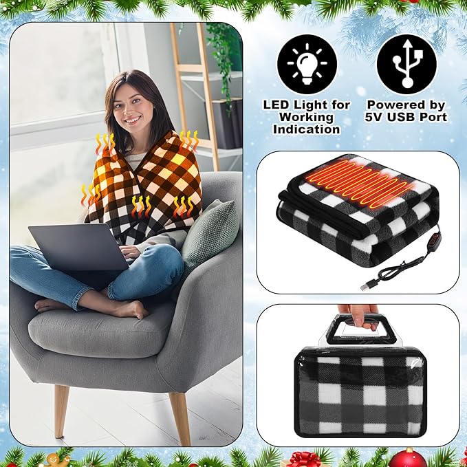 Tuanse 2 Pcs USB Heated Blanket 25"x35" Small Portable 5v 3 Setting Electric Blanket with Timer and Temperature Controller Winter Wearable Recharge Throw for Travel Home(Black and White Plaid)