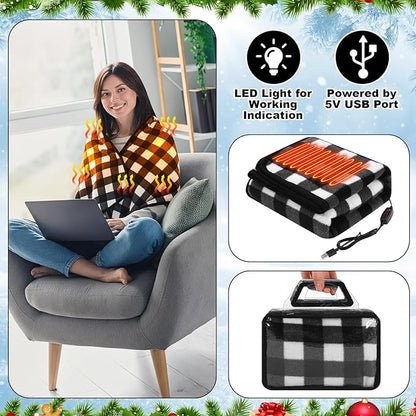 Tuanse 2 Pcs USB Heated Blanket 25"x35" Small Portable 5v 3 Setting Electric Blanket with Timer and Temperature Controller Winter Wearable Recharge Throw for Travel Home(Black and White Plaid)
