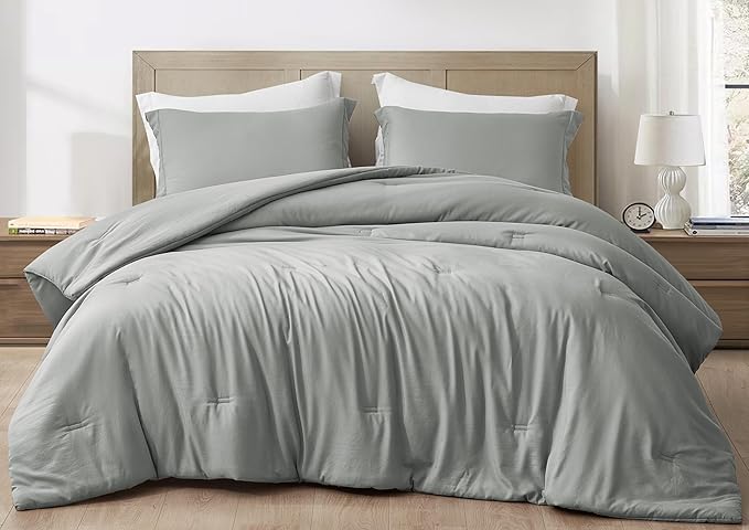 Chezmoi Collection Cliff 3-Piece Lightweight Cooling Comforter Set, Queen- Rayon Derived from Bamboo & Polyester Blended, Soft Breathable Bedding for Hot Sleepers, Light Gray