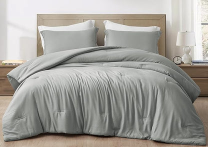 Chezmoi Collection Cliff 3-Piece Lightweight Cooling Comforter Set, Queen- Rayon Derived from Bamboo & Polyester Blended, Soft Breathable Bedding for Hot Sleepers, Light Gray
