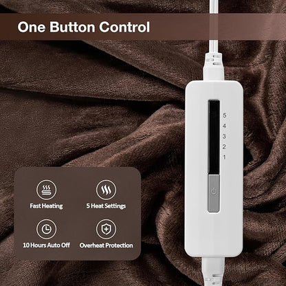 Electric Heated Blanket Twin Size 62"x84", Fast Heating, Soft Plush Microplush for Bed & Couch, 10Hs Auto Off & 5 Heating Levels, Machine Washable, Gifts for Grandma & Family-Dark Brown