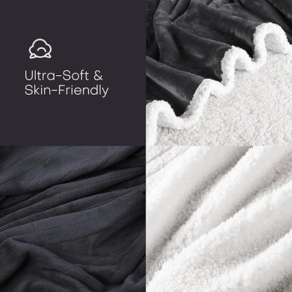 Electric Heated Blanket Twin Size 62"x84" - Flannel & Sherpa Fabric Dual-Sided, 6 Heat Settings & 10 Hours Auto Off, Soft & Cozy Warming Throw for Home, Office, or Bed, Machine Washable, Iron Gray
